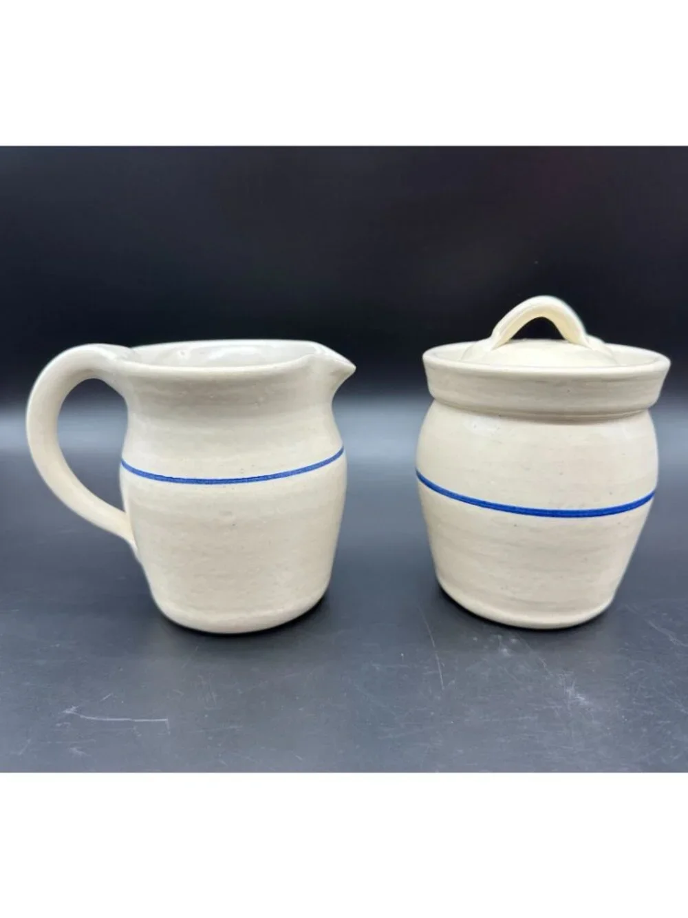 Vintage Pottery Creamer Pitcher Sugar Bowl White Blue Stoneware Set 1990s